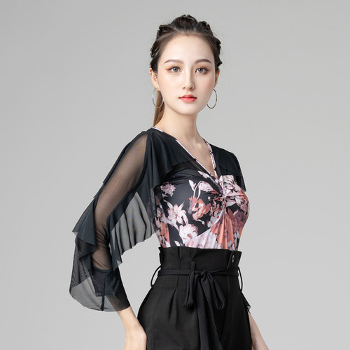  Dance Tops New Printed Modern Dance Practice Wear V-Neck Dance Ballroom Dance Latin Dance Practice Wear