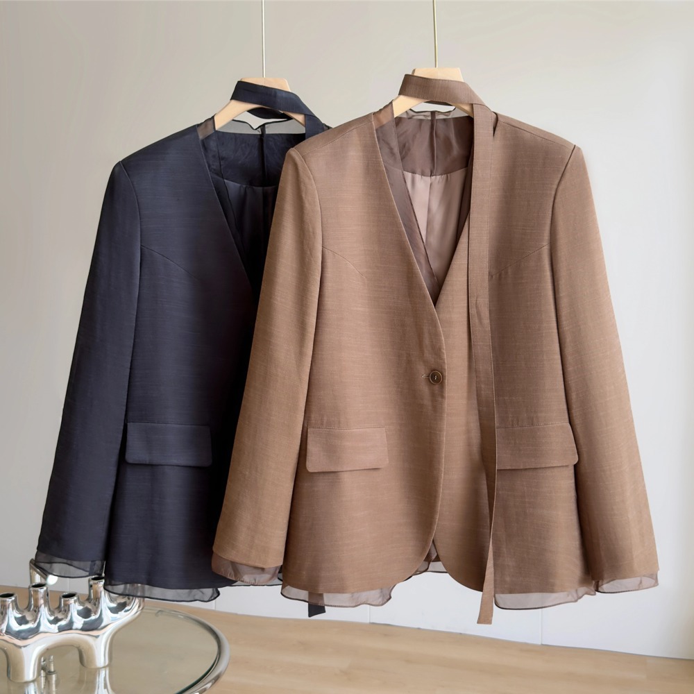 Women's Cotton Linen V-Neck Organza Patchwork Suit Jacket, 2026 Autumn, Light Luxury Commuter Style, Flowy Ribbon Suit Top