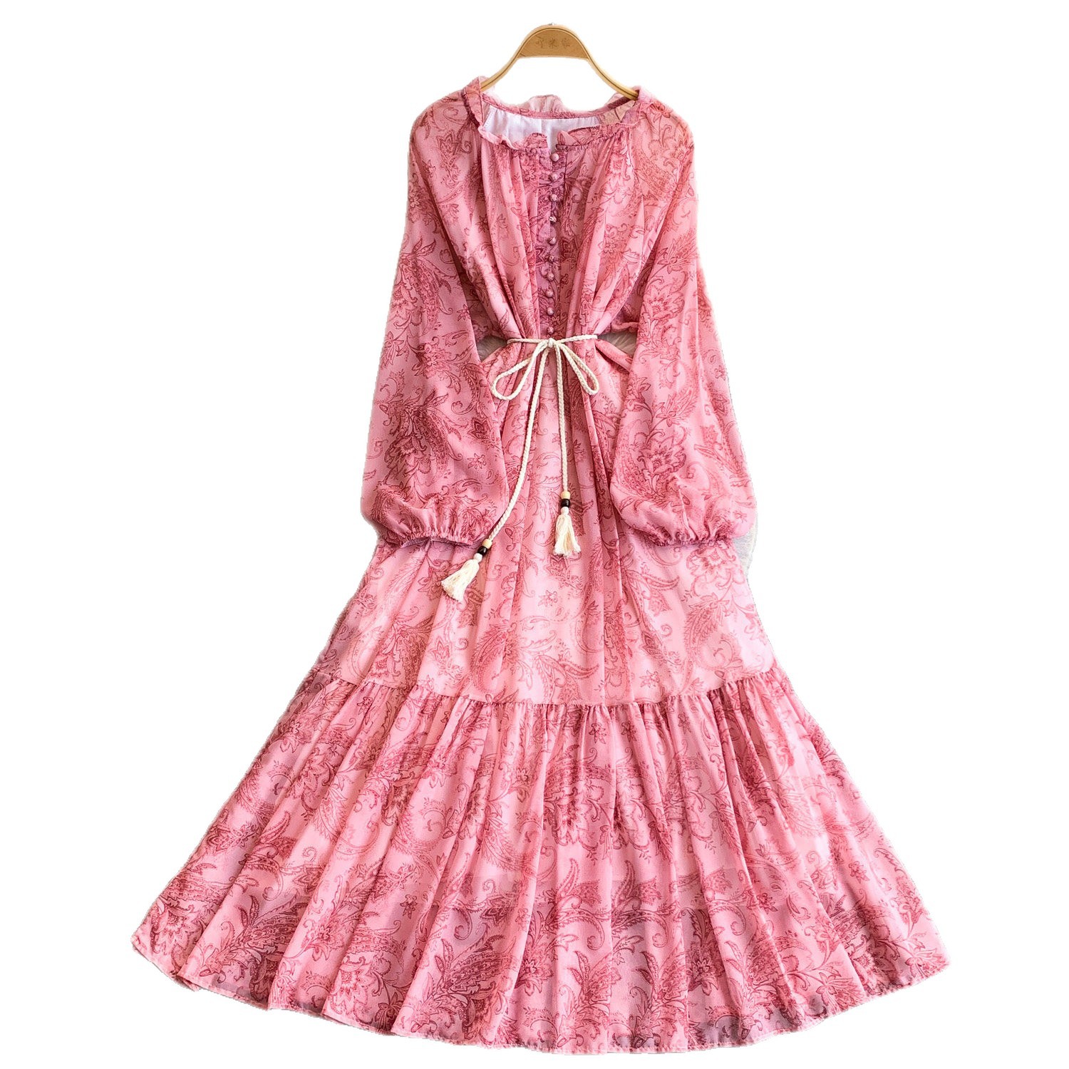 Elegant French Style Long Sleeve Dress Ruffled Collar Rope Waist Cinching Chiffon Printed Maxi Summer Retro Dress_ecoleips.com