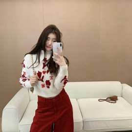 圣诞高领短款毛衣女秋冬撞色提花显感上衣