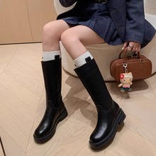 香港真皮长靴女2025春秋新款小个子中筒靴显瘦直筒靴子高筒骑士靴