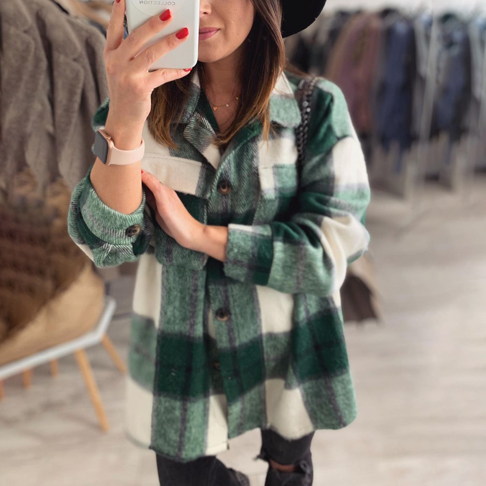 Casual Plaid Printed Long-Sleeved Shirt Jacket NSKX108713