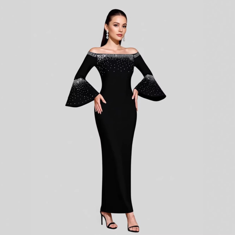 European and American Cross-Border Sexy Off-The-Shoulder Patchwork Evening Dress with Long Sleeves, New Style Rhinestone Bandage Dress for Banquets