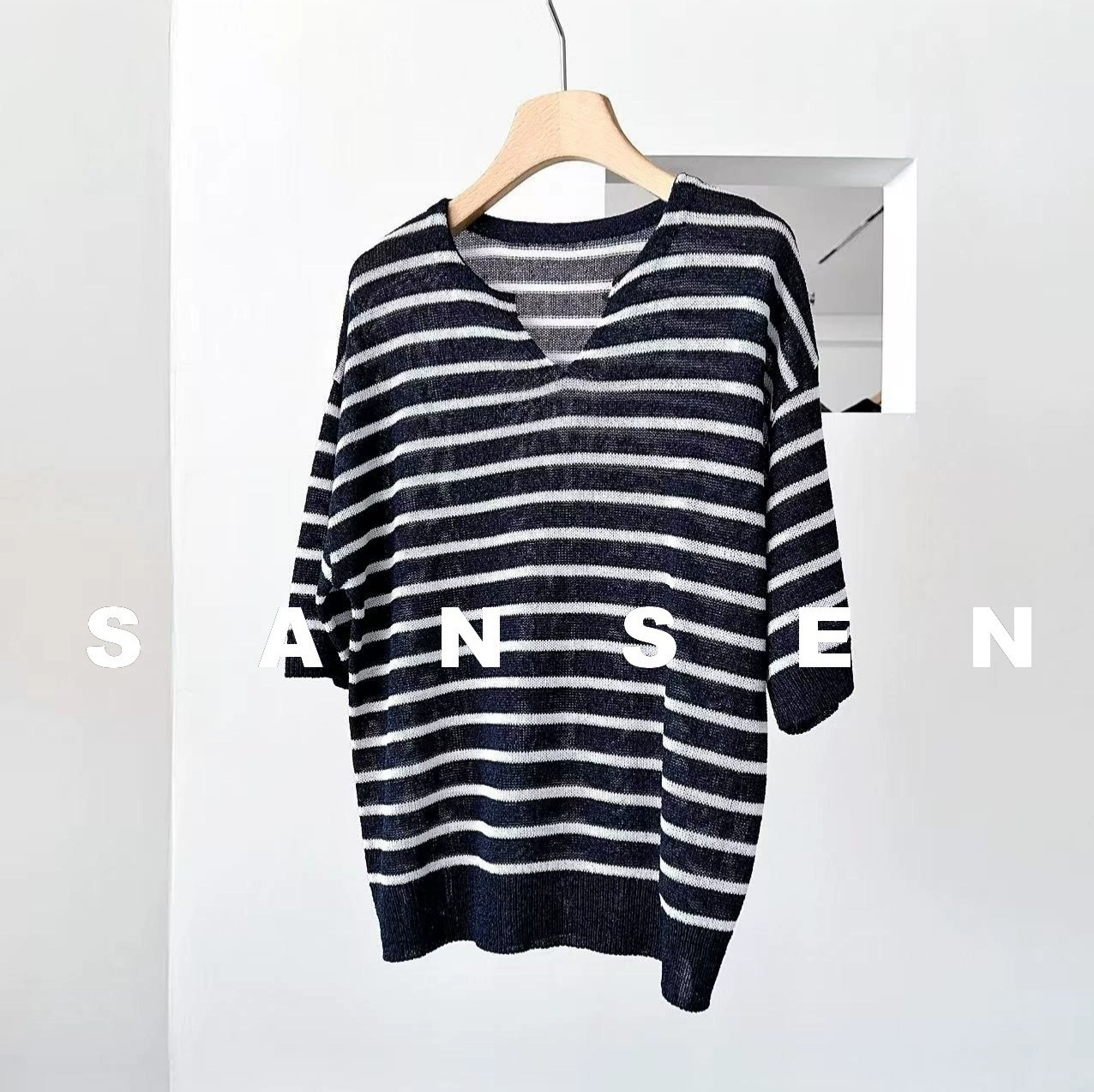 Сосновая "Чихоу Май чувствует старую денежную рубашку Haimu Japan прохладная и бумажная хлопчатобумажная пряжа с круглым V-образным вырезом трикотажная блузка с короткими рукавами