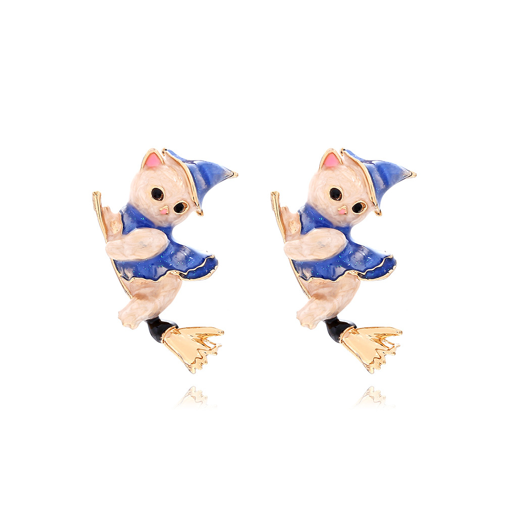 19g Weight Zinc Alloy Ear Needle Material 1 Pair Cute Cat Enamel Inlay Zinc Alloy Rhinestones Ear Studs