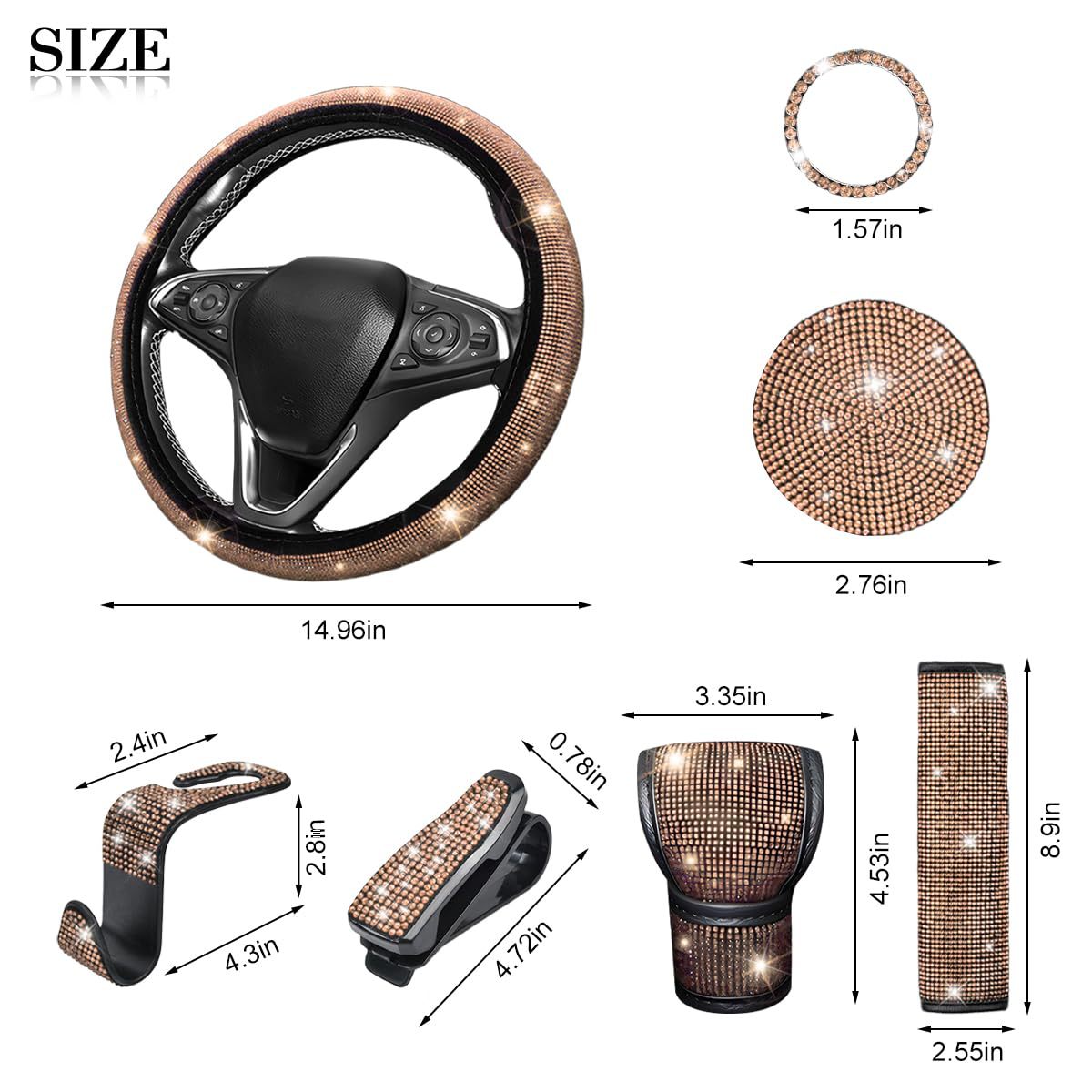 11-Piece Car Interior Set with Diamond-Encrusted Steering Wheel Cover, Car Hook, Glasses Holder, One-Touch Start Ring