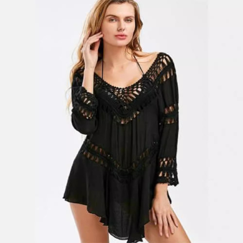 European and American-style loose-fitting, flared, hollowed-out hand-hooked knit top—beach bikini swimsuit, beach cover-up, and women's UV-protective wear