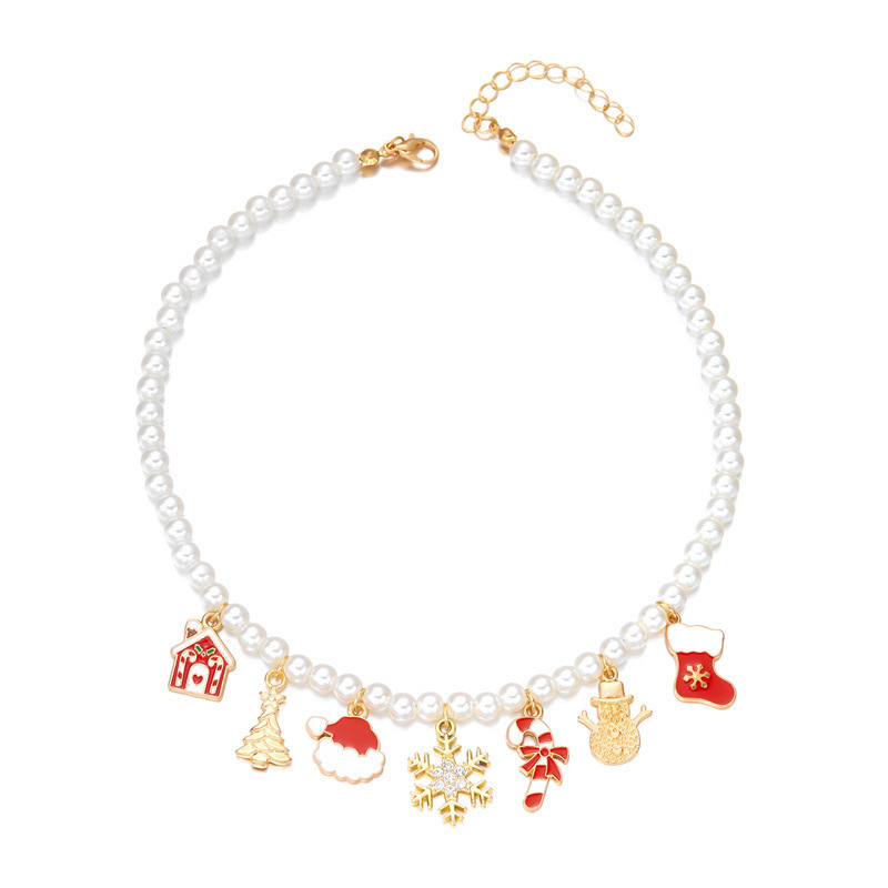 Collana con ciondolo natalizio in perle, collana natalizia placcata in oro con ciondoli a forma di Babbo Natale, albero e pan di zenzero, regalo festivo e gioiello quotidiano_voghion.com