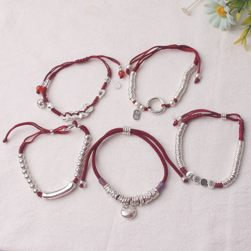 Pure Silver 990 Five Emperors Coins Woven Red String Ingot Bell Wealth-Attracting and Fortune-Bringing Pure Silver Bracelet for Women, Gift for Their Zodiac Year Pure Silver 990 Five Emperors Coins Woven Red String Ingot Bell Wealth-Attracting and Fortune-Bringing Pure Silver Bracelet for Women, Gift for Their Zodiac Year