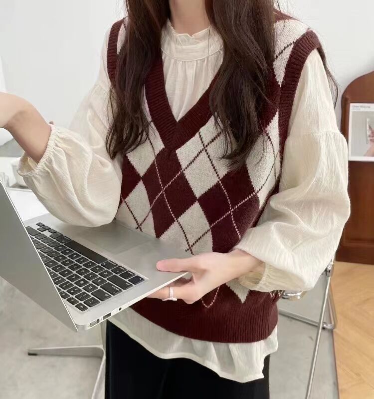 Rhombus chaleco suéter nicho chaleco primavera y otoño 2024 nuevo Popular Superior de las mujeres apiladas suéter exterior