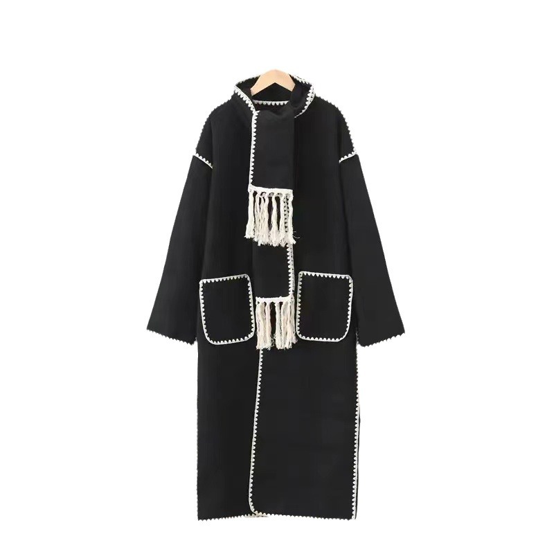 Women's Clothing Double sided Woolen Long Sleeves with Scarf and Tassel Long Tops and Windbreaker Jackets_voghion.com