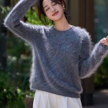 无缝长毛拉绒圆领毛衣女宽松2025新款秋冬季山羊绒羊毛针织打底衫