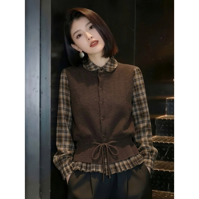 Bbfs8123 Coffee-Colored Knitted Lace-Up Vest Suit for Women 2026 Spring Fashion Slimming Plaid Shirt Two-Piece Set