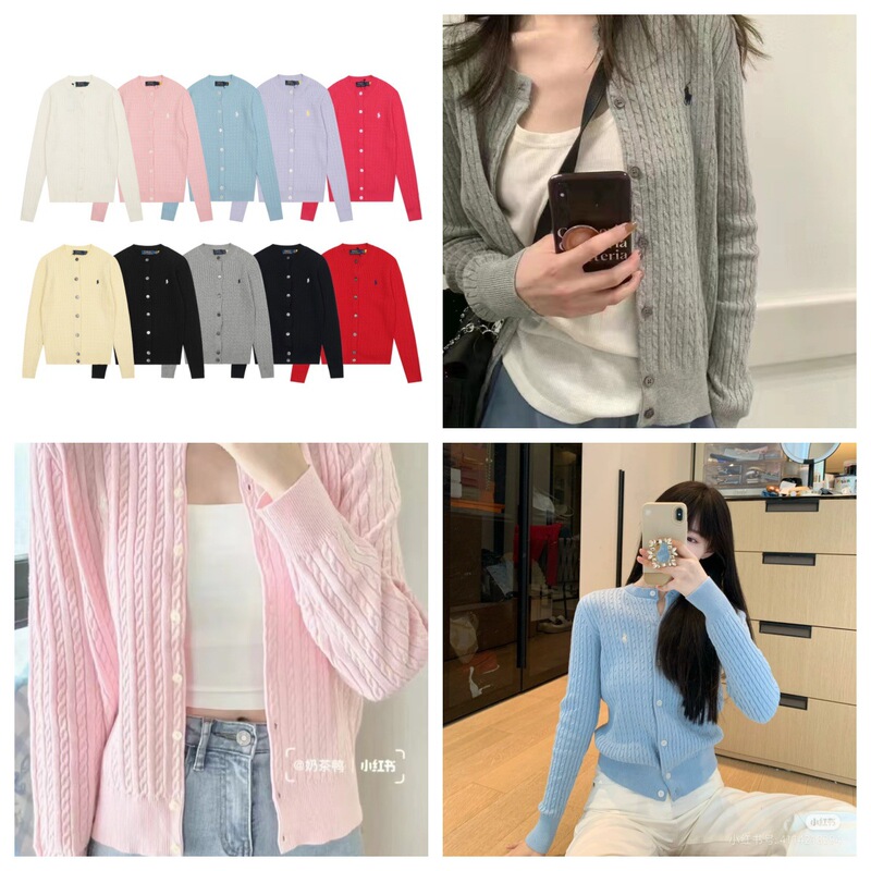 [High Quality] Scanable~ Ralph Lauren Small Twist Knitted Cardigan Slim Fit Classic Pure Color Round Neck for Women