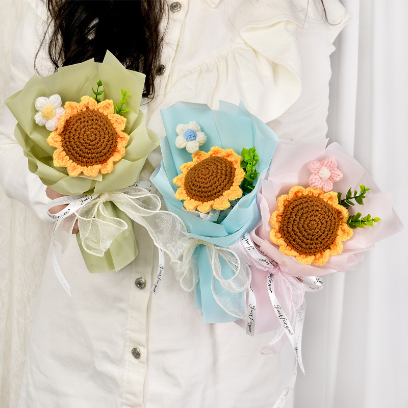 Amazon Cross-Border Yarn Flower Sunflower Knitted Bouquet Finished Product Gift Set Artificial Flower Year of the Horse Business Set