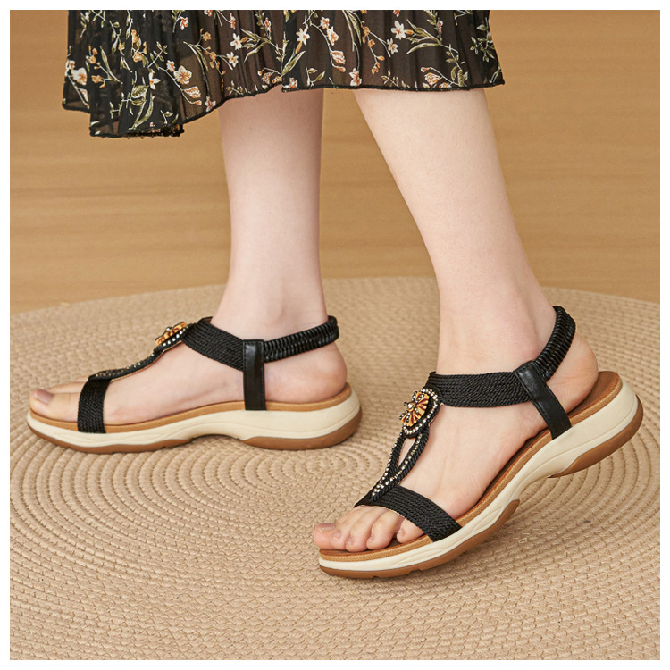 Sandal nữ đế mềm chống trượt phong cách Bohemian đính đá — Champagne màu, màu đen, màu vàng chi tiết 18