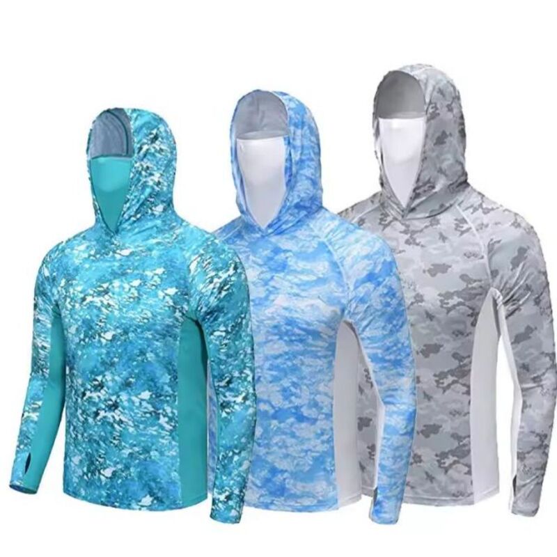 Fishing Shirt Hoodie Upf50+ Long Sleeve Moisture Wicking Stretch Cooling Shirt Sun Protection Shirt Gray Blue