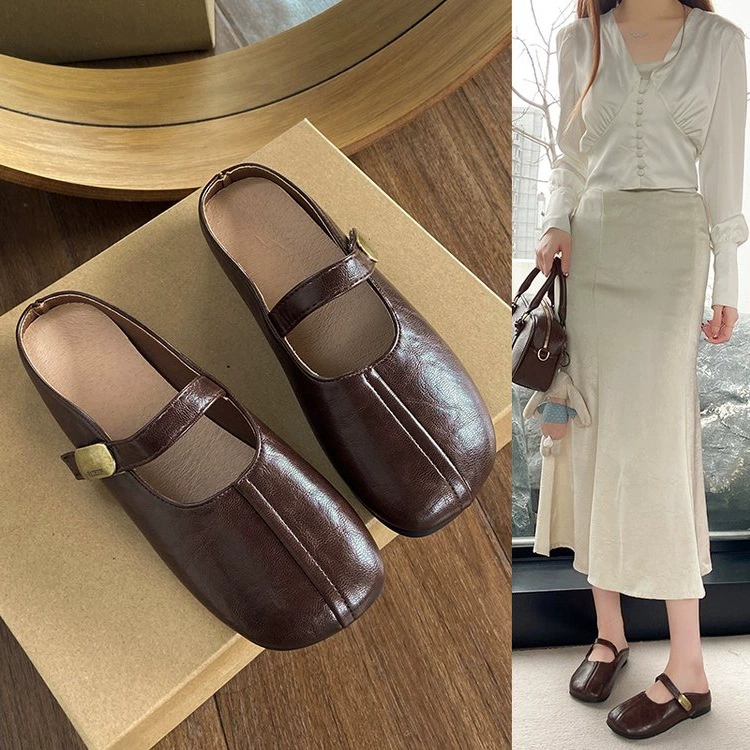 Женские закрытые мюли в французском стиле, лето 2025, новые универсальные ретро-сандалии Мэри Джейн, подходящие к платьям.