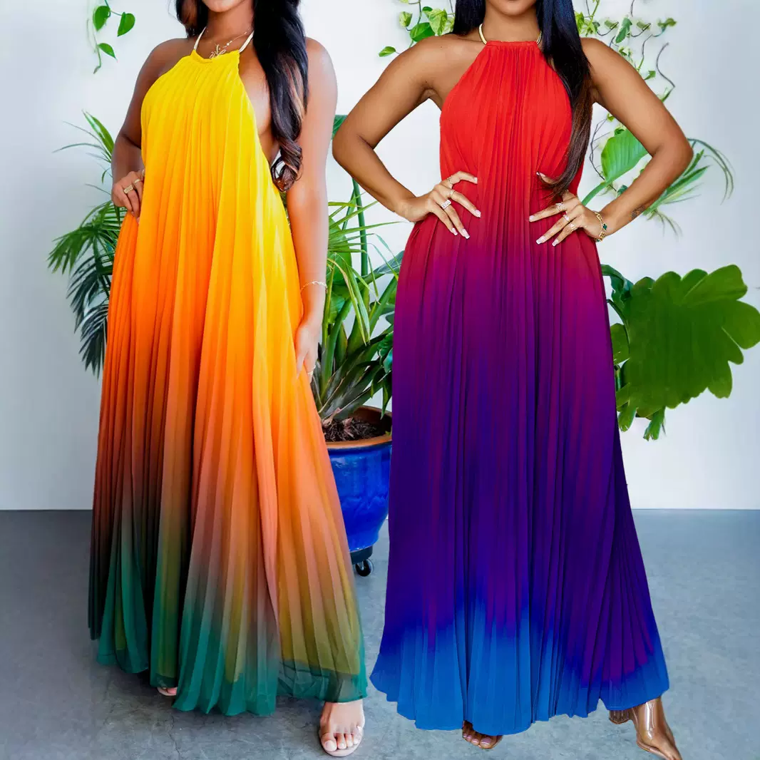 爆款跨境外贸女装时尚渐变色无袖挂脖宽松休闲大摆百褶长裙连衣裙
