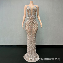 仙奢水钻抹胸珍珠流苏气质晚礼服优雅名媛生日长裙主持人礼服银色