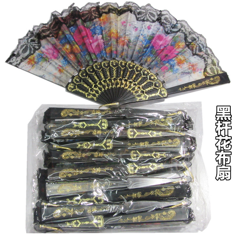 Fabricantes al por mayor belleza de la moda moderna abanico de tela de flores de varilla negra bordado de varilla de plástico abanico de tela de flores de varilla blanca de estilo chino dos estilos