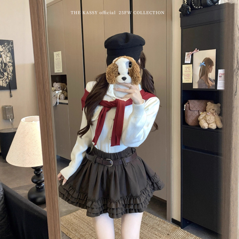 2025新款韩系甜美木耳边拼接显瘦半身裙女早秋季防走光a字短裙子|undefined
