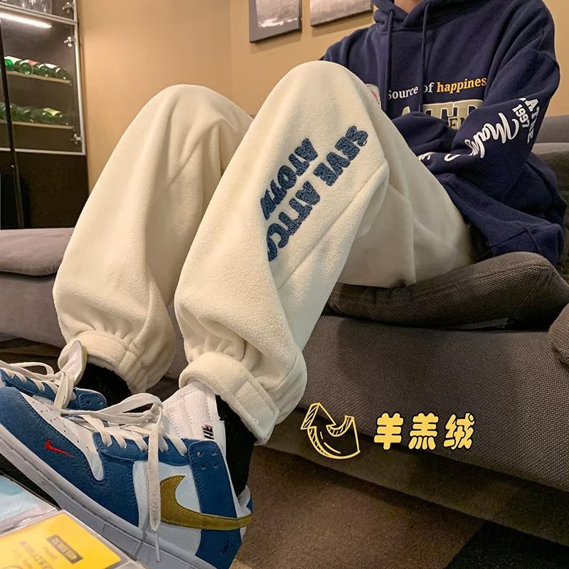 Lamb's Wool Men's American Street Oversize Padded Thick Drawstring Pants Winter Trend Brand Sporty Casual Pants