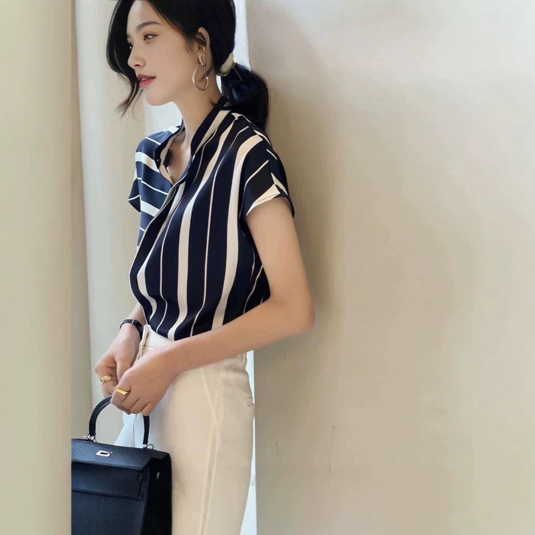 Áo sơ mi ngắn tay sọc phối màu thiết kế rộng rãi phong cách Pháp — sọc chi tiết 2