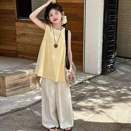 女童韩系休闲背心上衣阔腿裤套装中大童夏季新款纯色打褶无袖套装
