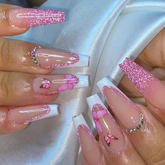 Long ballet pink glitter French diamond style wearable nails cute pink butterfly fake nails temperament sweet nails