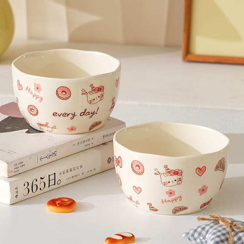 Cute kitten cartoon ceramic rice bowl tableware for home use, underglaze color, high aesthetic value, exquisite home-use dining bowl and soup bowl Cute kitten cartoon ceramic rice bowl tableware for home use, underglaze color, high aesthetic value, exquisite home-use dining bowl and soup bowl