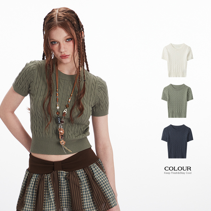 HeyHenry 2025 Vintage All-match Sweater Short-sleeved Sweater Ins Twist Niche Slim-fit Short Top for Women