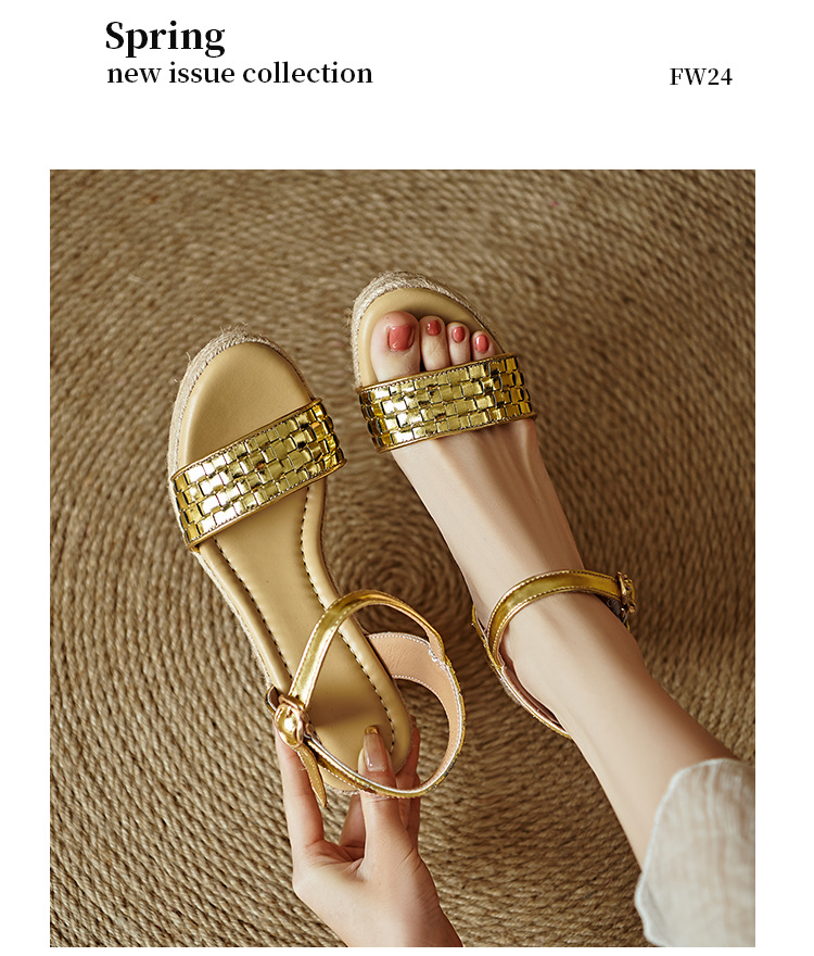 Sandal cao gót nữ quai ngang đan bện màu vàng bạc, đế xuồng đan rơm, gót 9 cm — màu vàng, bạc chi tiết 15