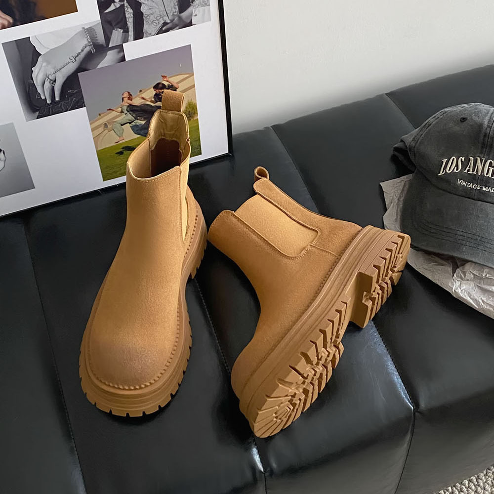 Retro all-in-one platform booties Women's new ankle boots with thick heel elastic sanded leather boots_voghion.com