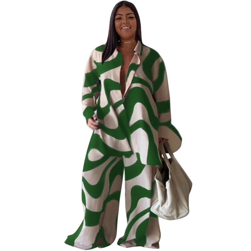 Turndown Neckline Daily Women's Elegant Printing Spandex Polyester Printing Pant Co-ord Set Plus Size Two-piece Sets