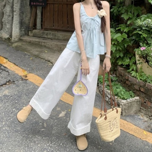 Fashion Set Women Blue Pleated Straps Tank Top 2025 Summer Loose Wide Leg Pants Casual Pants Two Piece Set