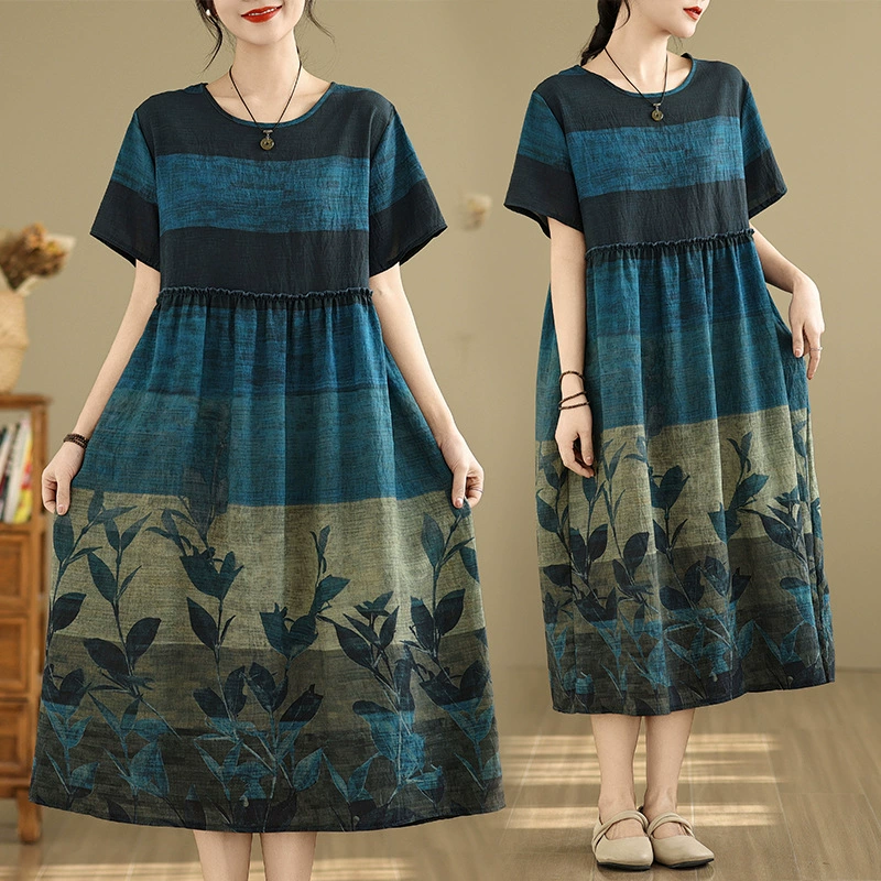 2025 Летний большой размер толстый MM национальный стиль принт хлопчатобумажное платье с короткими рукавами