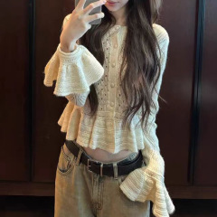 2025秋季新款 私服 镂空钩花荷叶边仿羊驼毛针织开衫气质上衣女装