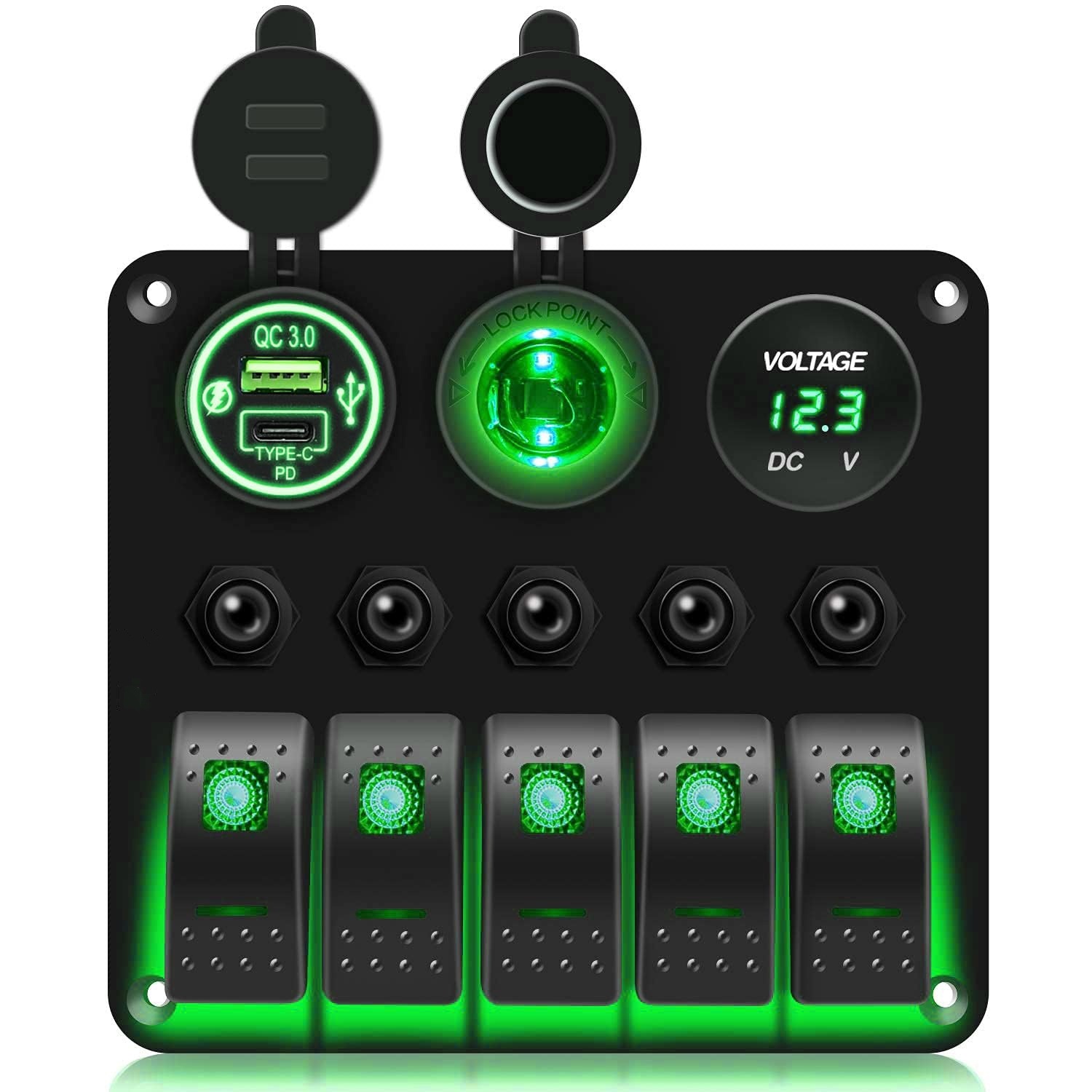 12-24V 5位翘板开关带电压表usb充电汽车游艇组合面板LED断路器