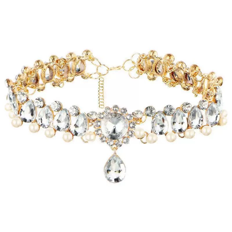 Pearl Choker Necklace, Bridal Crystal Drop, European city style, Silver or Gold finish