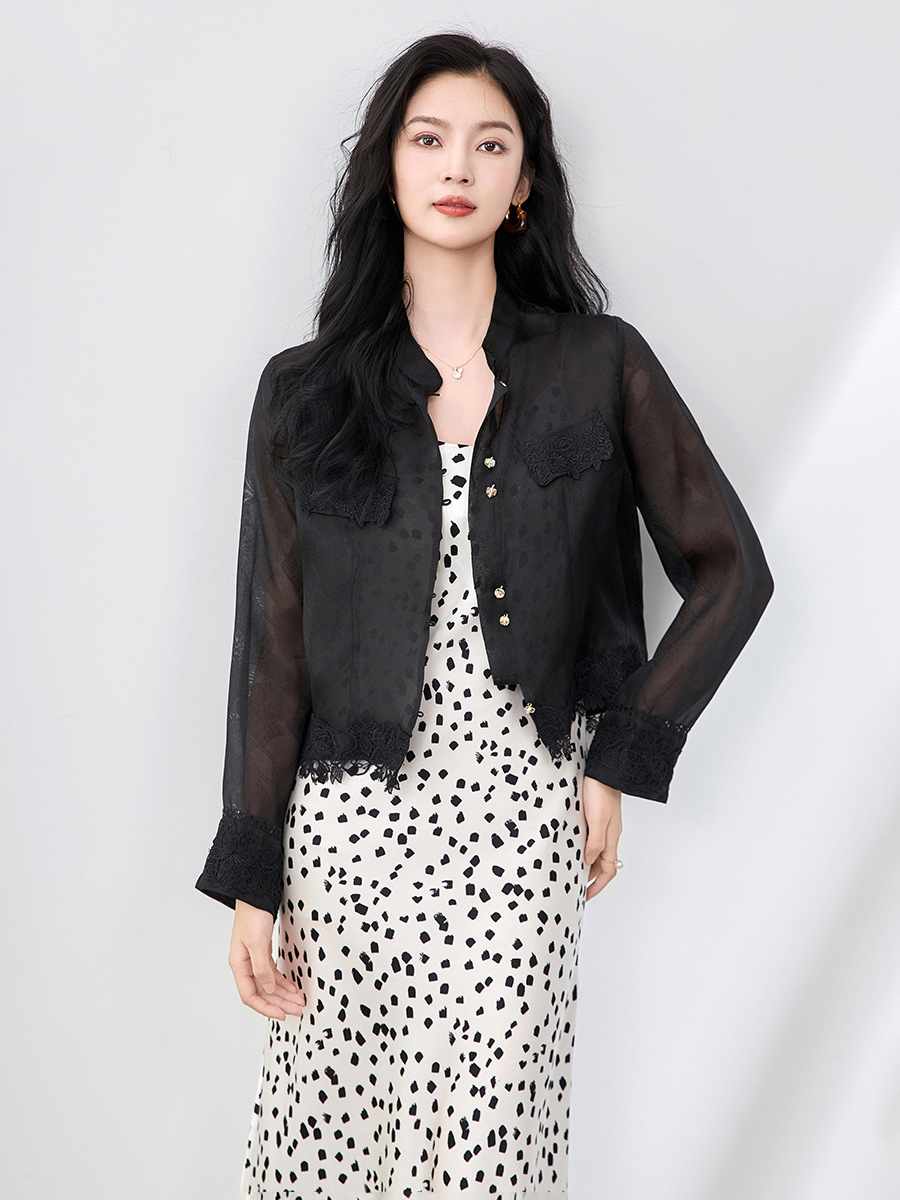 Áo sơ mi dài tay lụa organza cao cấp kiểu Trung Quốc mới mùa hè — Màu đen