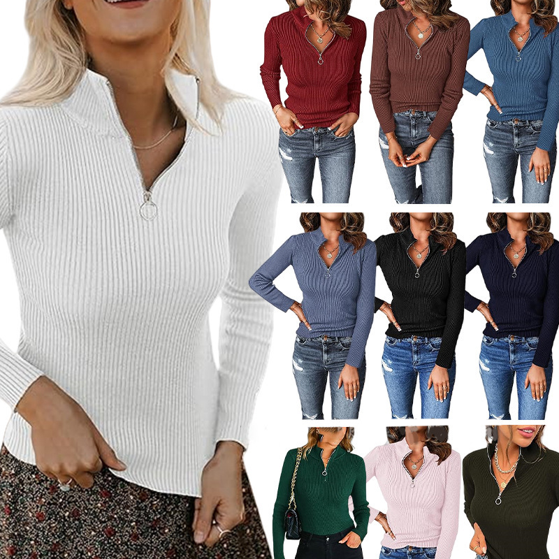 European and American Style Amazon Autumn and Winter Quarter Zipper Sweater Women's Long-Sleeved Collared Slim Ribbed Knitted Top European and American Style Amazon Autumn and Winter Quarter Zipper Sweater Women's Long-Sleeved Collared Slim Ribbed Knitted Top