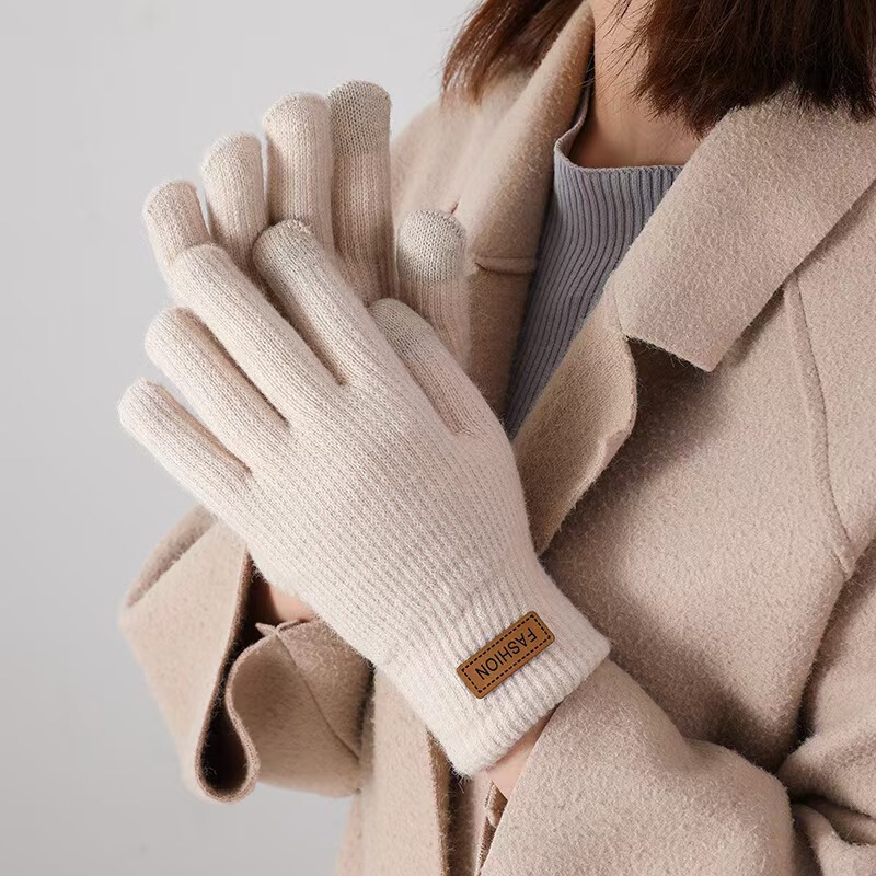 女性用冬用手袋、ベルベットで厚く、5本指の学生、かわいいニットの防寒サイクリング、タッチスクリーンの暖かいサイクリンググローブ|undefined