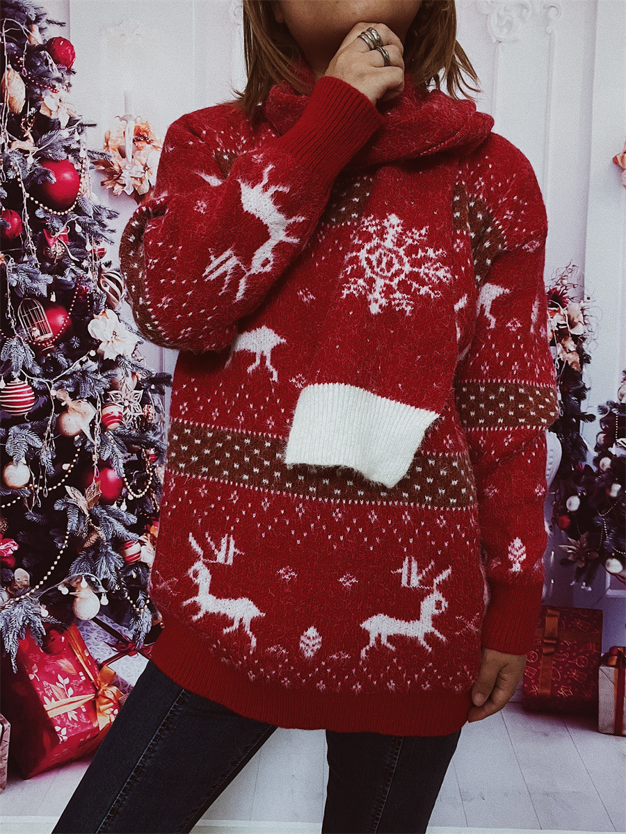Damen Weihnachtspullover Mit Schal Im Rentier- Und Schneeflockenmuster_voghion.com