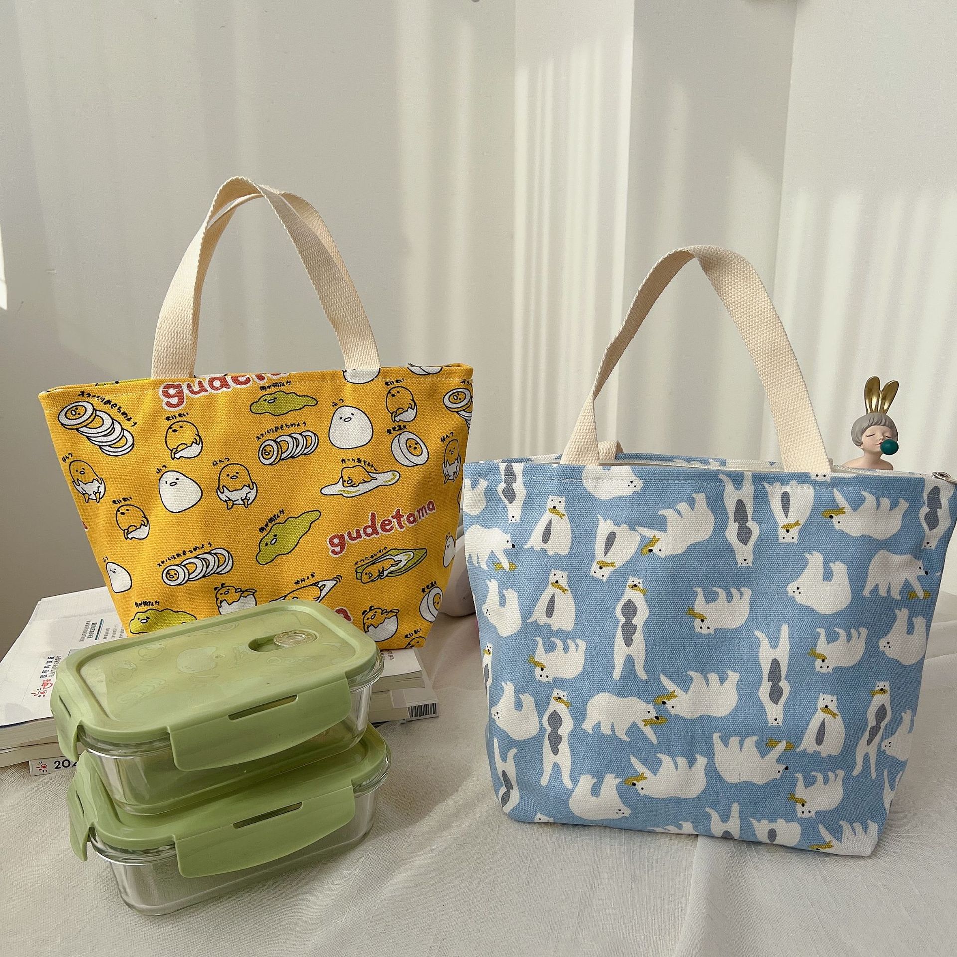 Lindo bolso bento de dibujos animados impreso, empleado de oficina, bolso de caja de almuerzo con lona japonesa, bolso de alto valor al por mayor