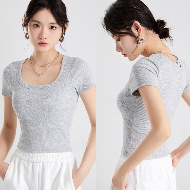 Summer Short-Sleeve T-Shirt for Women, Cropped Top with Square Neckline, Chest Pad, Inner Layer, Trendy and Fashionable, Versatile