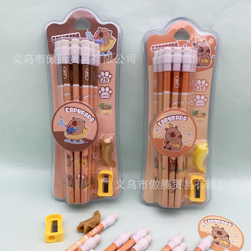 Kapibala Big Leather Tip Wooden Pencil Cartoon Cute Little Puffer Fish 2B Pencil Kidsren's Calligraphy Pencil Corrector