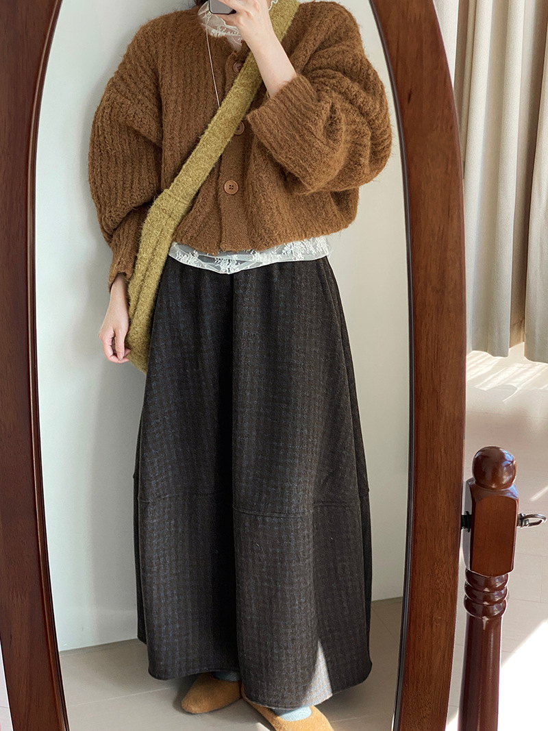 つぼみスカート3.0! レトロ40ウール格子スカート女性文芸森系毛ロングスカート2135-2