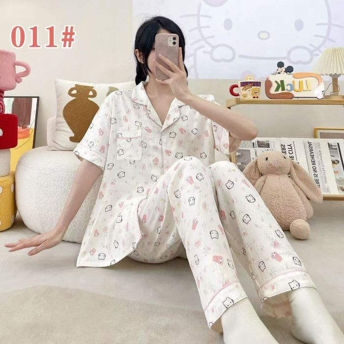 Estilo explosivo transfronterizo spot verano pantalones de manga corta cardigan solapa pijamas de dibujos animados lindo nube femenina algodón cómodo servicio a domicilio