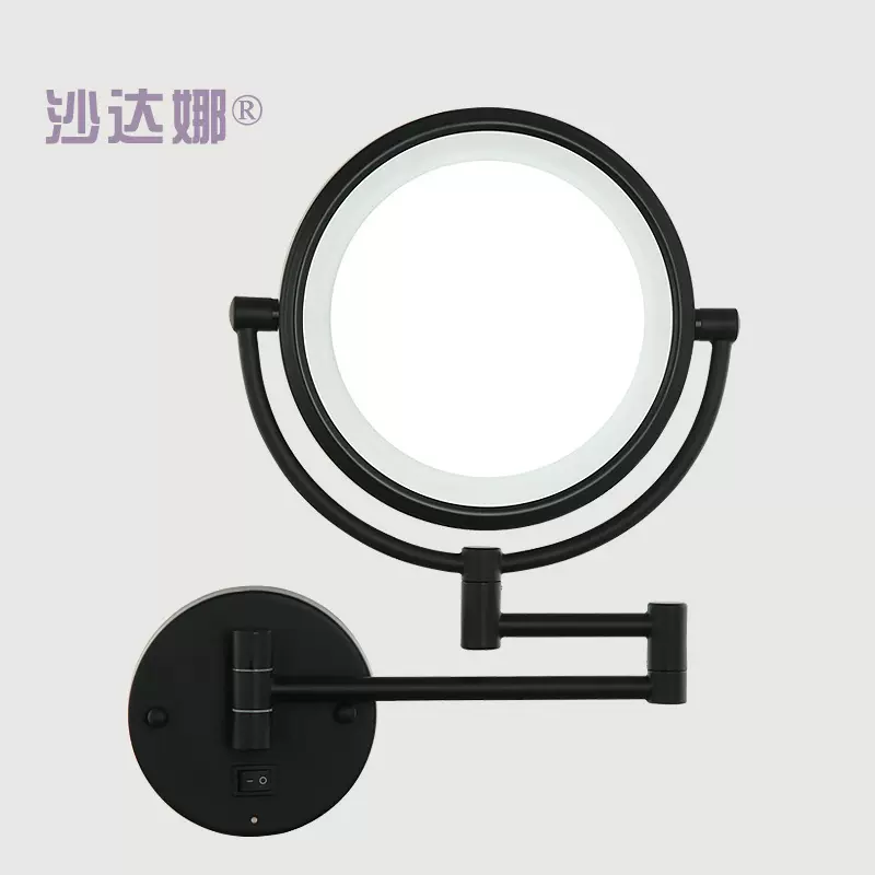 带灯化妆镜 8寸双面酒店浴室黑色可折叠led化妆镜铁艺可旋转